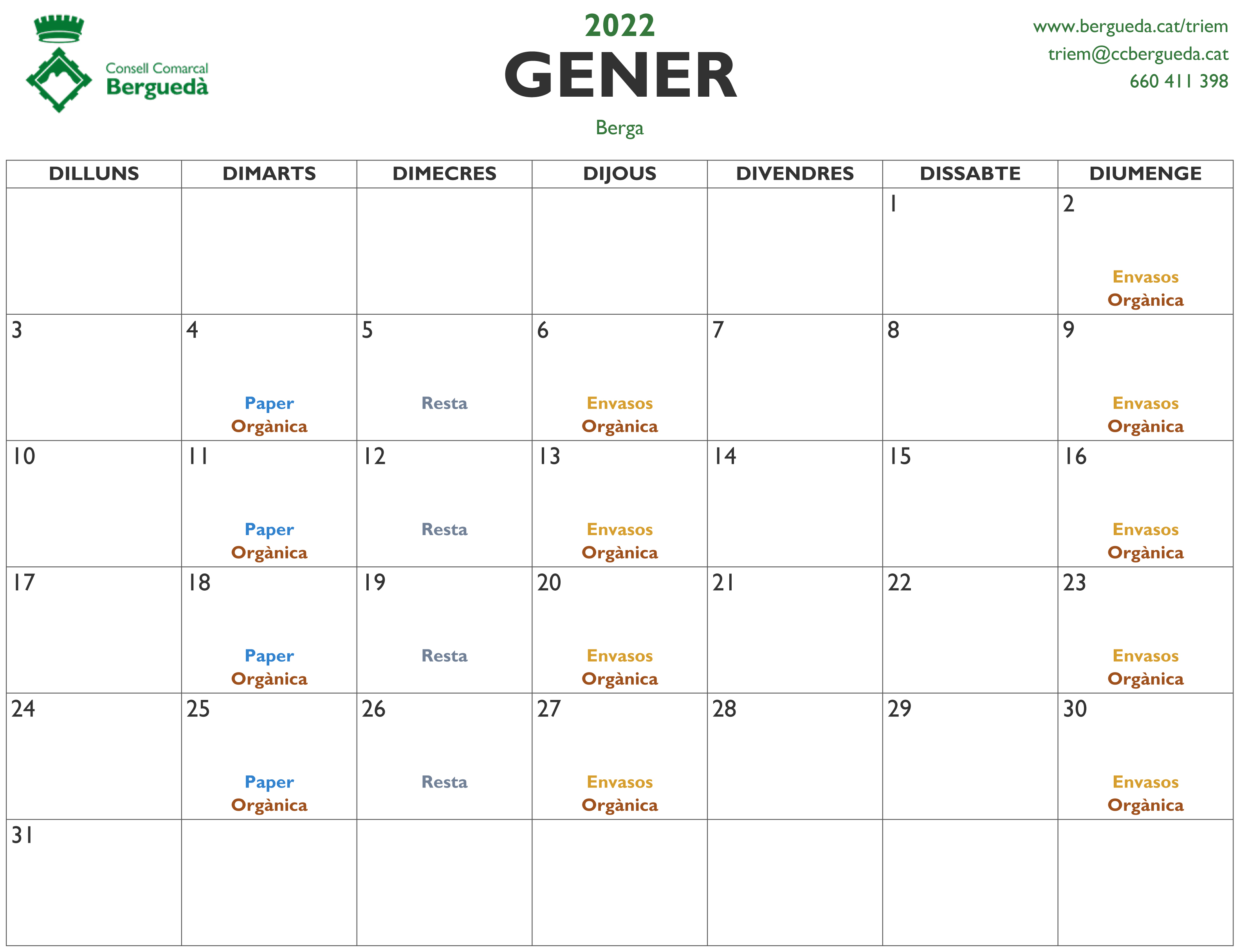 Calendari - Recollida porta a porta a Berga 2022