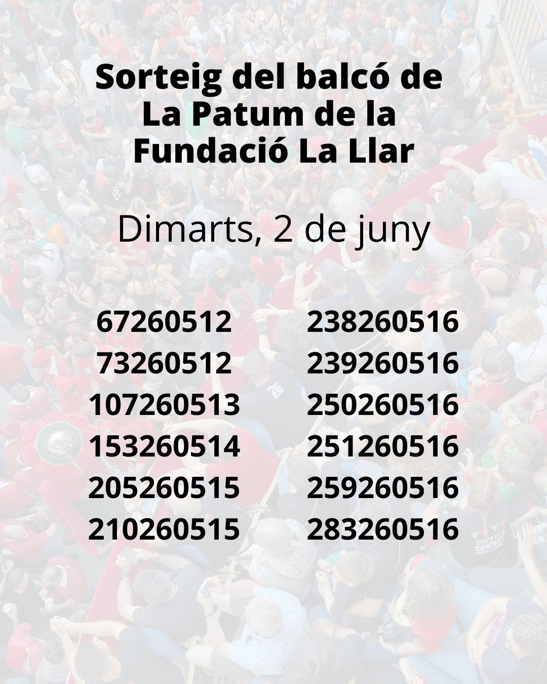 Resultat del sorteig d'acc&eacute;s al balc&oacute; consistorial de la Patum de la Fundaci&oacute; La Llar 2026