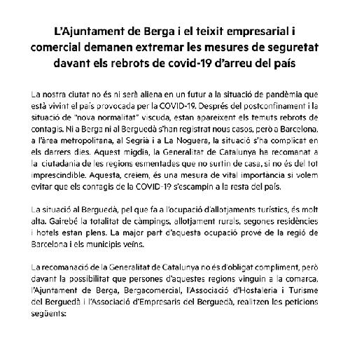 L'Ajuntament de Berga i el teixit empresarial i comercial demanen extremar les mesures de seguretat davant els rebrots de Covid-19 d'arreu del país