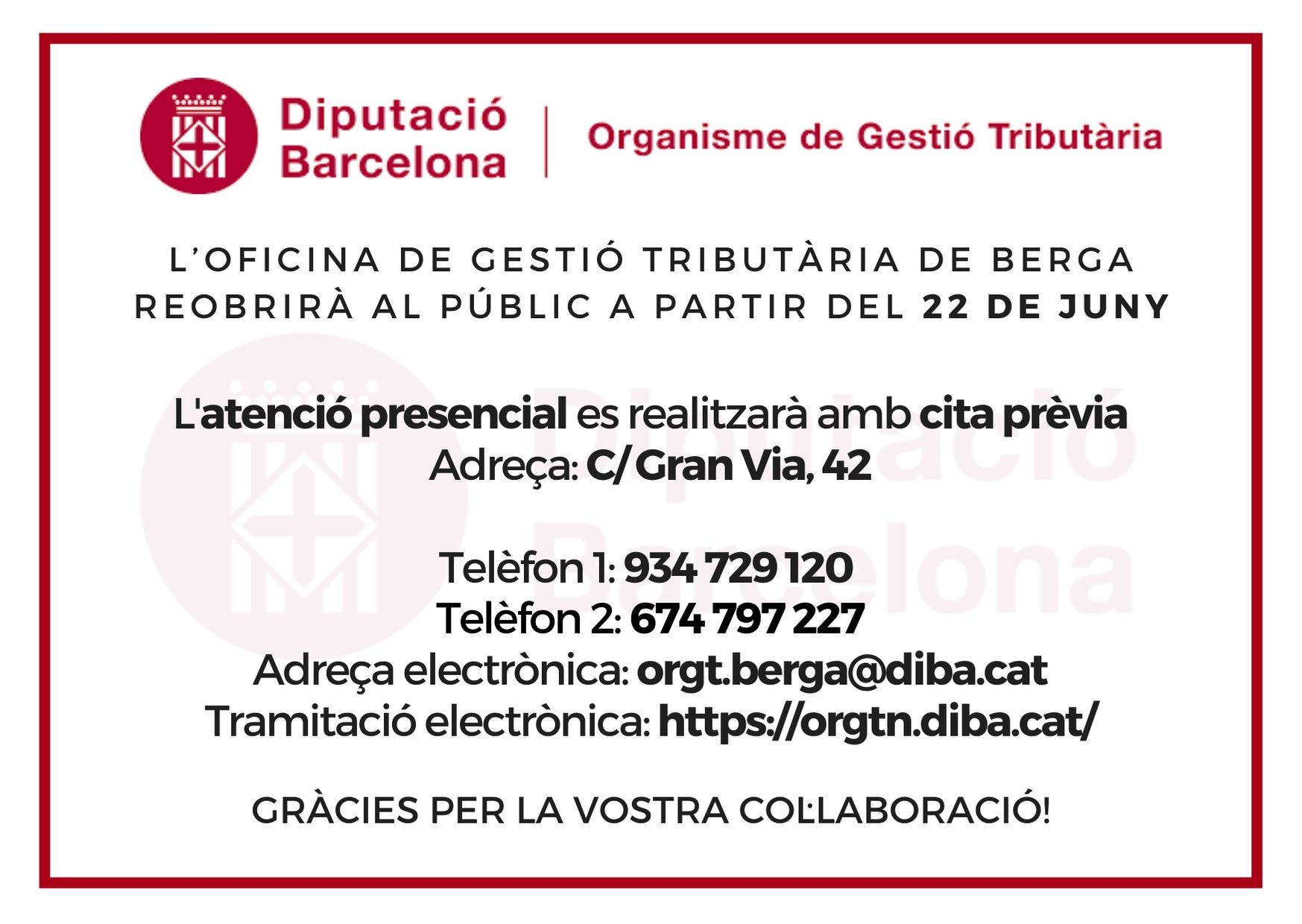 Reobertura de l'Oficina de l'Organisme de Gestió Tributària de Berga, a partir del 22 de juny